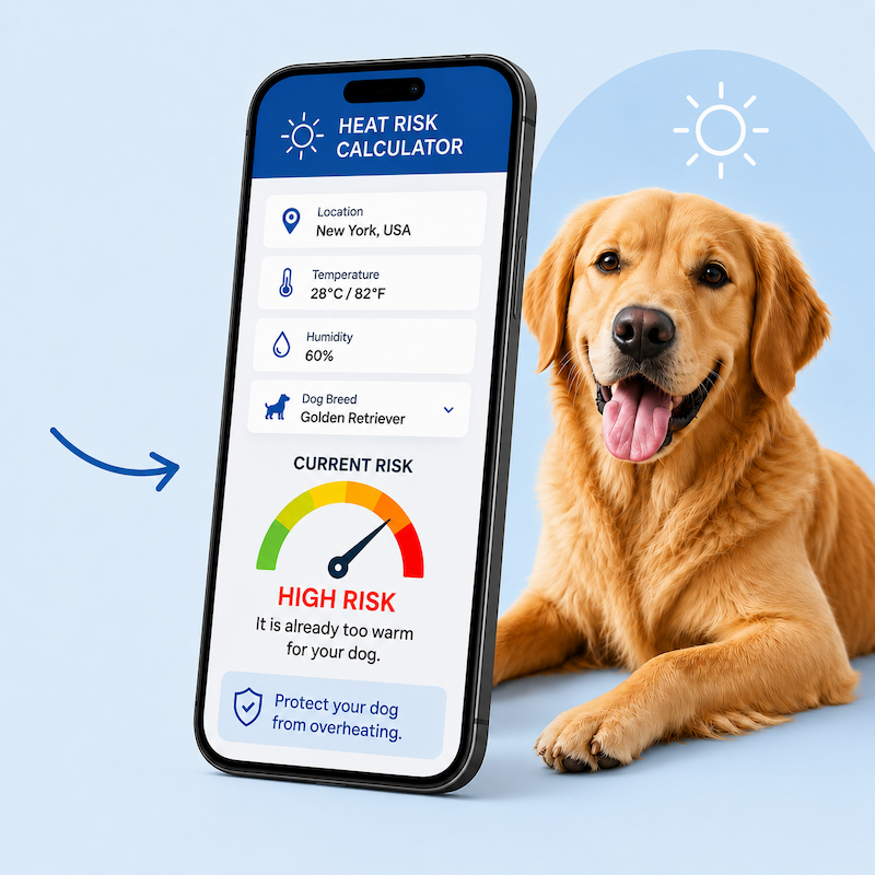 Smartphone displaying a heat risk calculator app with a Golden Retriever next to it on a light blue background