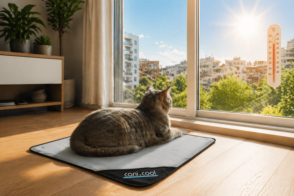 cani.cool - DRY cooling mat for dogs with a cat laying on the mat