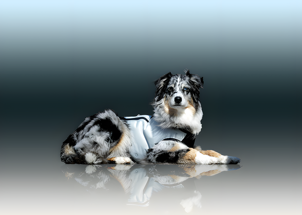 Dog wearing a black and white outfit on a reflective surface with a gradient background